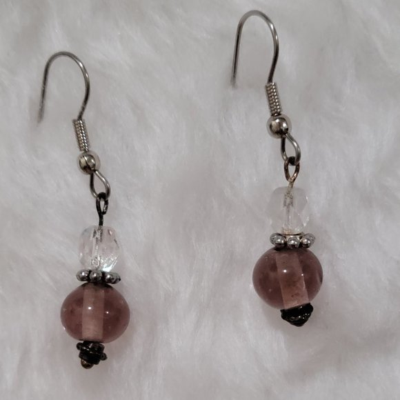 silver toned chain and earrings with purple hand-blown glass beads - Picture 2 of 3